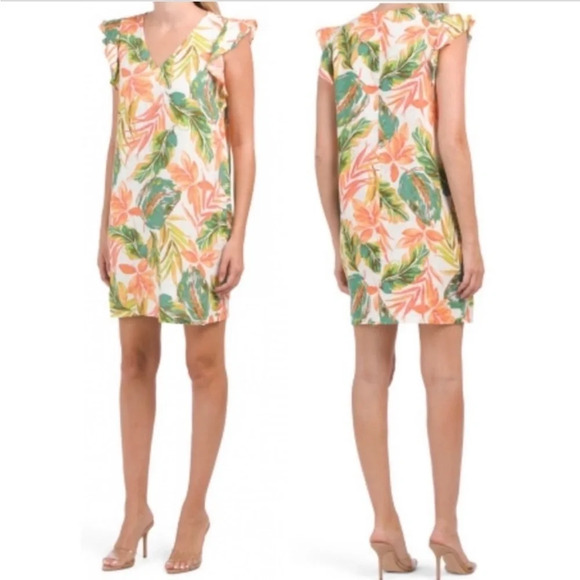 Nicole Miller women’s Floral linen dress Green Orange Size small Flutter sleeve​ - Picture 1 of 9